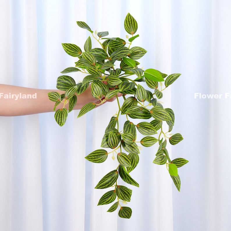 May include: A long, trailing artificial plant with green leaves that have a striped pattern. The leaves are arranged in a cascading pattern, giving the plant a flowing appearance.