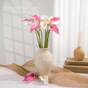 May include: A bouquet of artificial calla lilies in a cream-colored vase. The lilies have white and pink petals with yellow centers. The vase sits on a textured surface with a small, tan vase and books in the background. The text "Flower Fairyland Chicago" is visible.