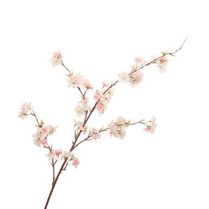 Peut inclure: Une branche de fleurs de cerisier artificielle avec des fleurs blanches et roses. La branche a plusieurs tiges avec de petites feuilles vertes, sur fond blanc. Les fleurs sont &agrave; diff&eacute;rents stades de floraison.