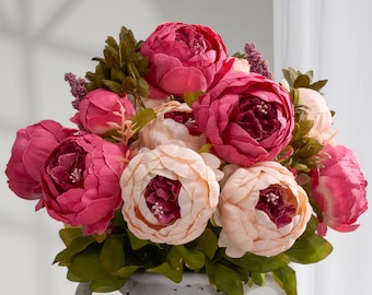 Ramo de 8 peonías y hortensias - Flor artificial - Coral y rosa rojizo