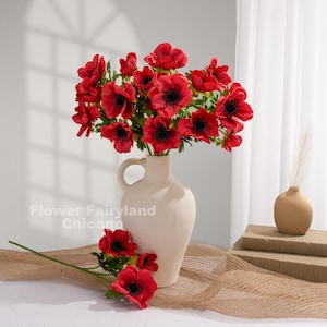 3 Heads Faux Anemone Coronaria Stem - Artificial Flower - Red