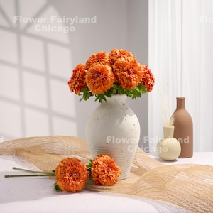 Faux Marigold Tagetes Erecta Stem - Artificial Flower - Dark Orange
