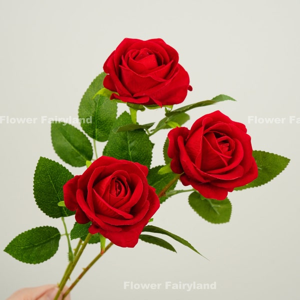 Velvet Rose Stem | Artificial Flower | DIY | Floral | Crafts | Wedding/Home Decoration | Gifts - Red