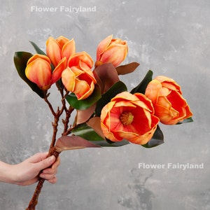 Real Touch 3 Heads Southern Magnolia | High Quality Artificial Flower | DIY Floral | Wedding/Home Decoration | Gifts - Orange