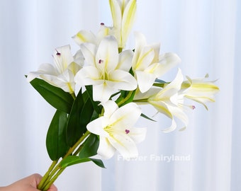 Lily Bouquet | 3 Heads Lily Stem | Artificial Flower | DIY | Floral | Wedding | Home Decor | Gifts - White