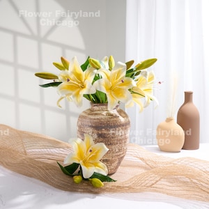 Faux Lily with 2 Closed Buds Short Stem - Artificial Flower - Yellow