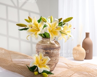 Faux Lily with 2 Closed Buds Short Stem - Artificial Flower - Yellow