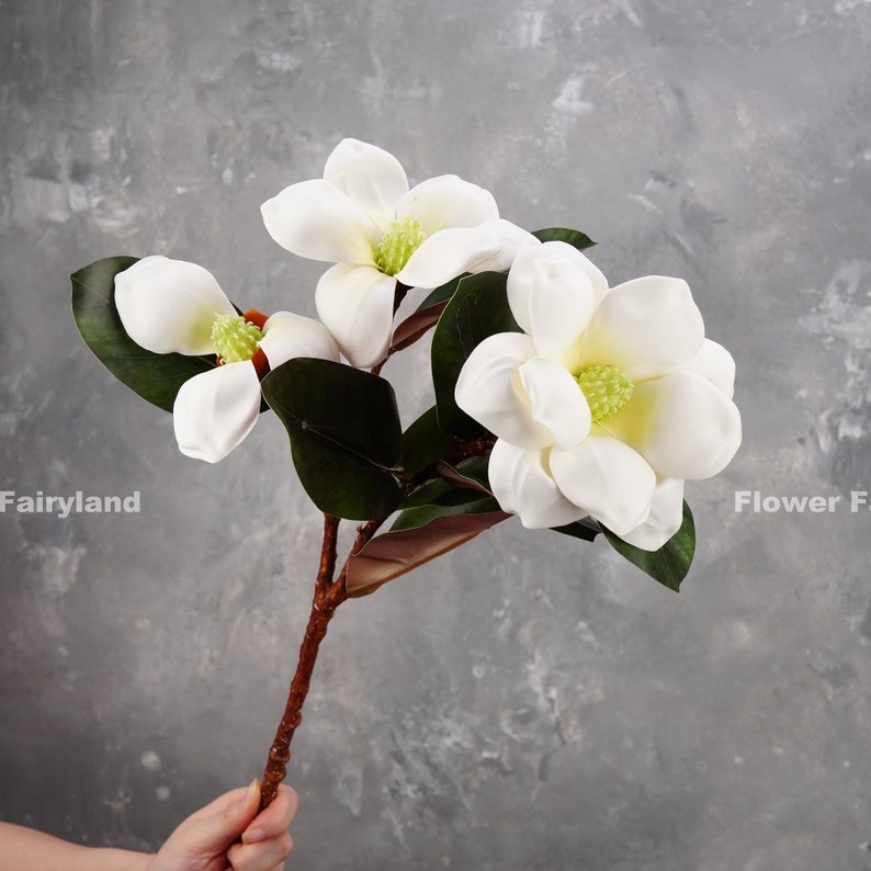 Real Touch 3 Heads Southern Magnolia High Quality Artificial Flower DIY Floral Wedding/Home Decoration Gift White image 4