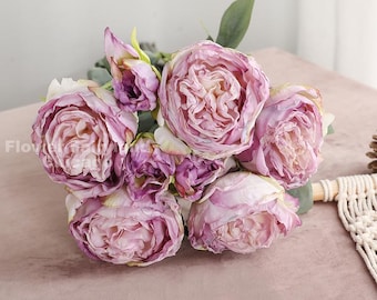 32" 8 Stems Dried Look Peony and Rose Bouquet - Artificial Flower - Light Purple