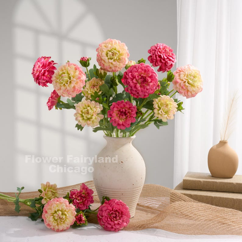 Faux Dahlia Flower with Buds - Artificial Flower - Greenish Pink Mixed Color Bouquet