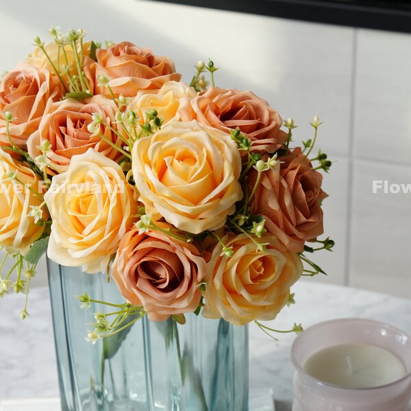 9 Heads Rose Bouquet | Artificial Flower | DIY Floral | Wedding Bouquet | Home Decoration | Gifts - Yellow & Burnt Orange