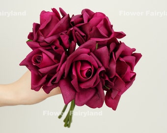 5 Stems Real Touch Moist Latex Rose Bouquet | High Quality Artificial Flower | Wedding/Home Decoration | Gifts - Deep Wine Purple