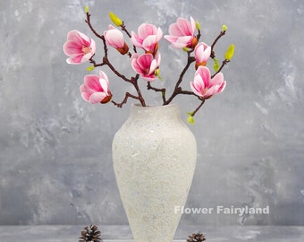 Real Touch 4 Heads Magnolia Flower Stem | High Quality Artificial Flower | DIY Floral |  Wedding/Home Decoration | Gifts - Pink