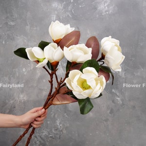 Real Touch 3 Heads Southern Magnolia | High Quality Artificial Flower | DIY | Floral | Wedding/Home Decoration | Gift - White