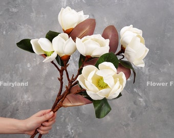 Real Touch 3 Heads Southern Magnolia | High Quality Artificial Flower | DIY | Floral | Wedding/Home Decoration | Gift - White