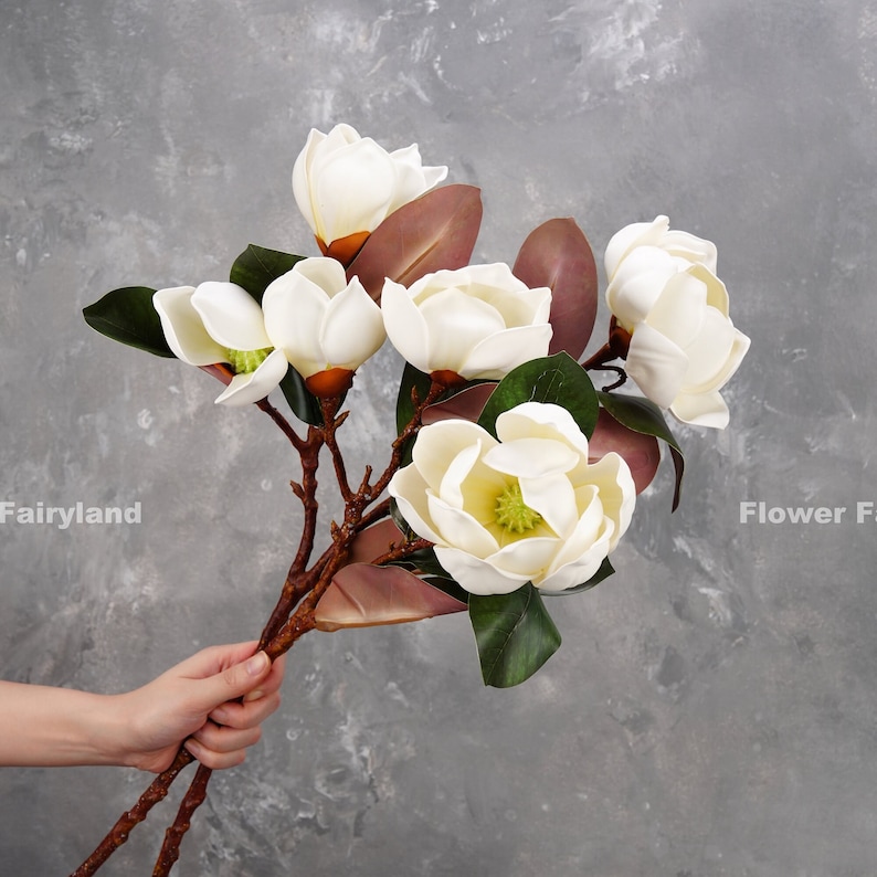 May include: A bouquet of white magnolia flowers with green leaves and brown stems. The flowers are arranged in a hand-held bouquet.