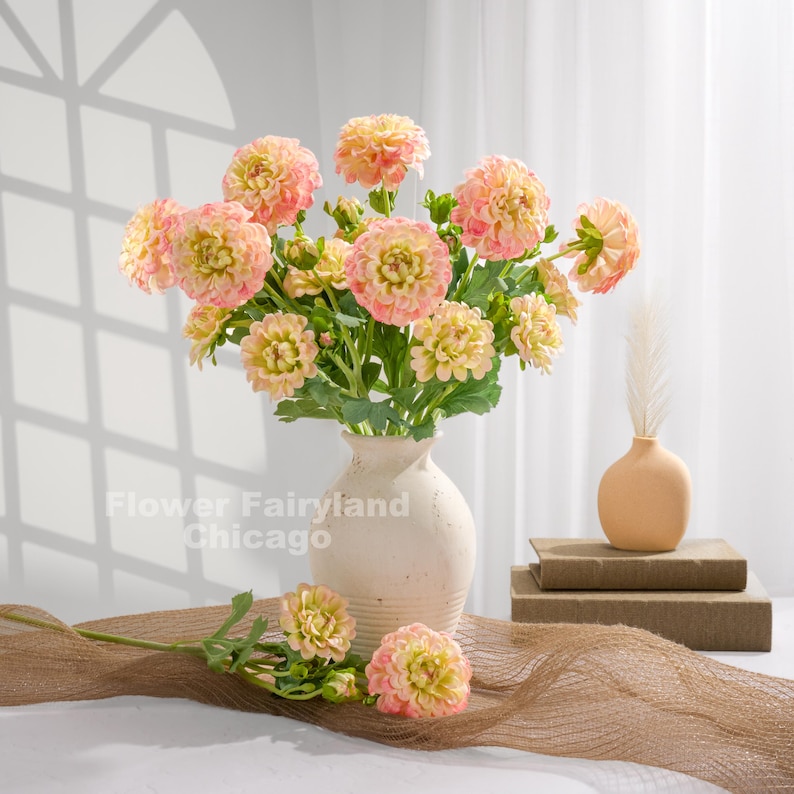 Faux Dahlia Flower with Buds - Artificial Flower - Greenish Pink image 2