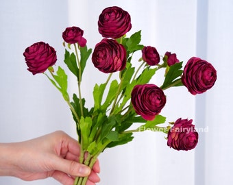 Small Ranunculus Stem | High Quality Artificial Flower | DIY | Floral | Wedding/Home Decoration | Gifts - Wine Red