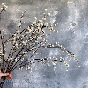 May include: A bunch of artificial floral stems featuring small, white, clustered blossoms. The stems are brown and have a natural look. The background is a textured grey wall. The stems are held together.
