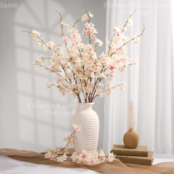 42“ Faux Cherry Blossom Stem - Artificial Flower - Ivory with Pink