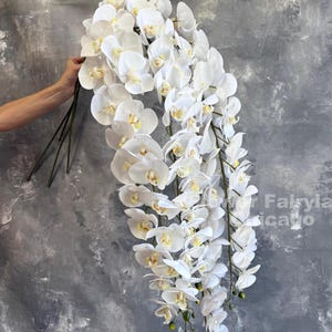 Puede incluir: Una cascada de flores de orquídeas blancas con centros amarillos y tallos verdes. La disposición se sostiene contra un fondo gris texturizado. Las flores están en plena floración, creando una exhibición exuberante y elegante.
