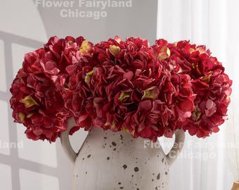 3 Stems Dried Look Hydrangea Bundle - Artificial Flower - Burgundy