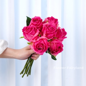 7 Stems Real Touch Rose Bouquet - Artificial Flower - Deep Pink