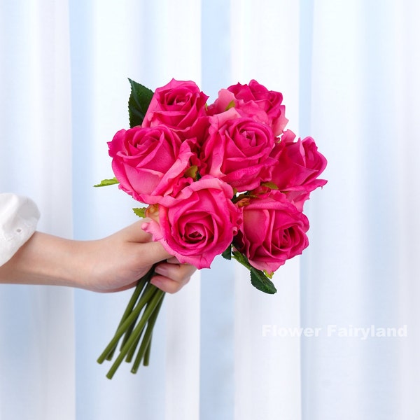 7 Stems Real Touch Latex Rose Bouquet | High Quality Artificial Flower | DIY | Wedding/Home Decoration | Gifts - Deep Pink