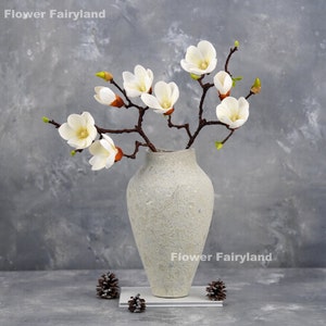 Real Touch 4 Heads Magnolia Flower Stem | High Quality Artificial Flower | DIY Floral | Wedding/Home Decoration | Gifts - White