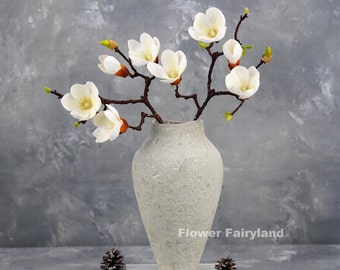 Real Touch 4 Heads Magnolia Flower Stem | High Quality Artificial Flower | DIY Floral | Wedding/Home Decoration | Gifts - White