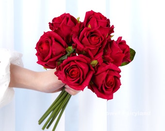 7 Stems Real Touch Latex Rose Bouquet | High Quality Artificial Flower | DIY | Wedding/Home Decoration | Gifts - Red