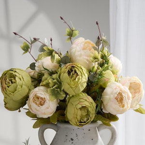 8 Heads Peony and Hydrangea Bouquet - Artificial Flower - Creamy Green