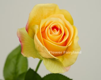 Real Touch Half Opened Rose Stem | High Quality Artificial Flower | DIY Floral | Wedding/Home Decoration | Gifts - Greenish Peach