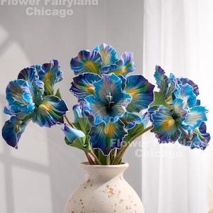 Iris au toucher naturel avec bouton - Fleur artificielle - Bleu