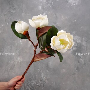 Real Touch 3 Heads Southern Magnolia High Quality Artificial Flower DIY Floral Wedding/Home Decoration Gift White image 3