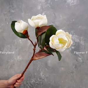 May include: A bouquet of three white magnolia flowers with green leaves on a brown stem. The flowers are arranged in a cluster, with the largest flower in the center.