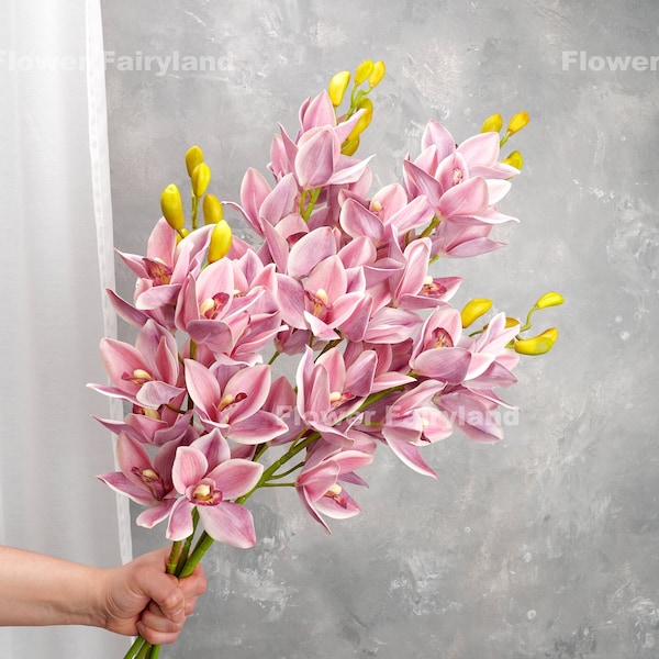 Realistic Cymbidium Hybrid Bouquet | Cymbidium Hybrid Stem | High Quality Artificial Flower | DIY | Gifts -Lavender Mauve -Dark Pink