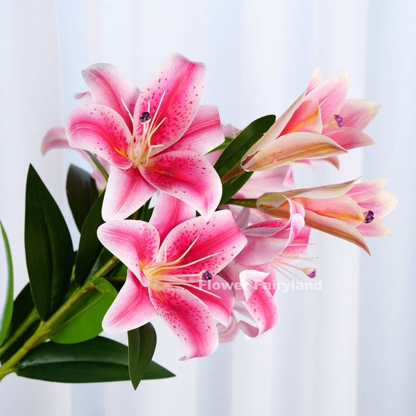 Lily Bouquet | 3 Heads Lily Stem | Artificial Flower | DIY | Floral | Wedding | Home Decor | Gifts - Bright Pink