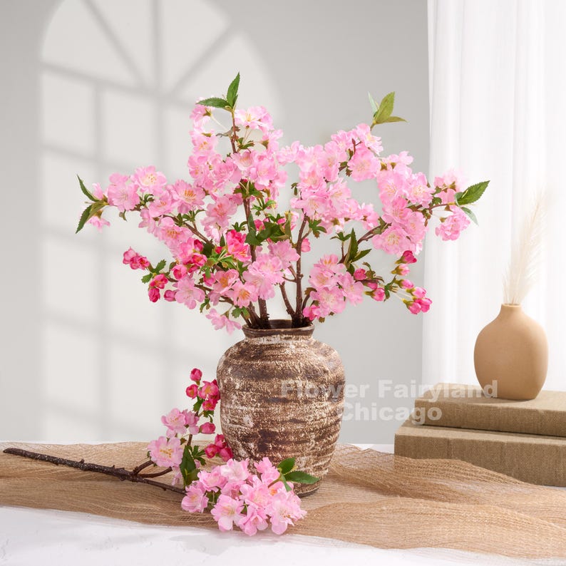 Faux Cherry Blossom Short Branch - Artificial Flower - Bright Pink Bouquet