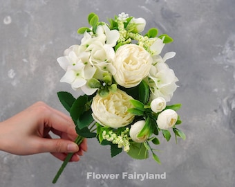 Faux Peony and Hydrangea Small Bouquet | Artificial Flower | Wedding/Home Decoration | Gifts - White