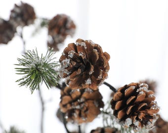 May include: A decorative branch featuring multiple brown pinecones and green pine needles. The pinecones and needles are dusted with a white, crystalline substance that mimics the appearance of frost or light snow, creating a winter-themed display.