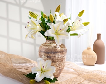 Faux Lily with 2 Closed Buds Short Stem - Artificial Flower - White