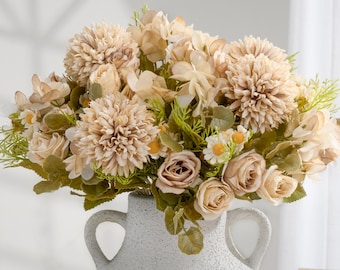 Fall Colored Mixed Chrysanthemum Ball and Chamomile Small Bouquet - Artificial Flower - Mocha