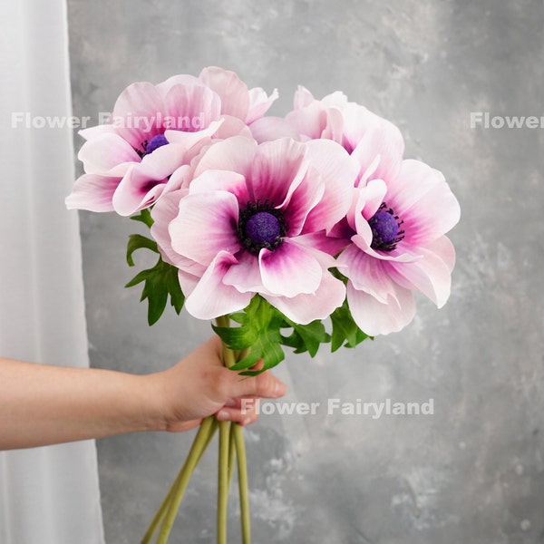 Faux Anemone Coronaria Bouquet | Anemone Coronaria Stem | High Quality Artificial Flower | DIY | Home Decors -Pale Pinky Purple -Dark Purple