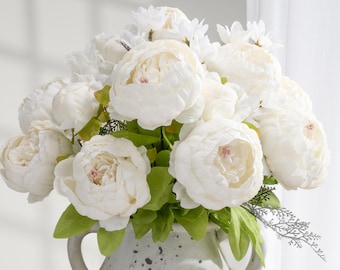 8-huvuds pion- och hortensiabukett - Konstgjord blomma - Vit