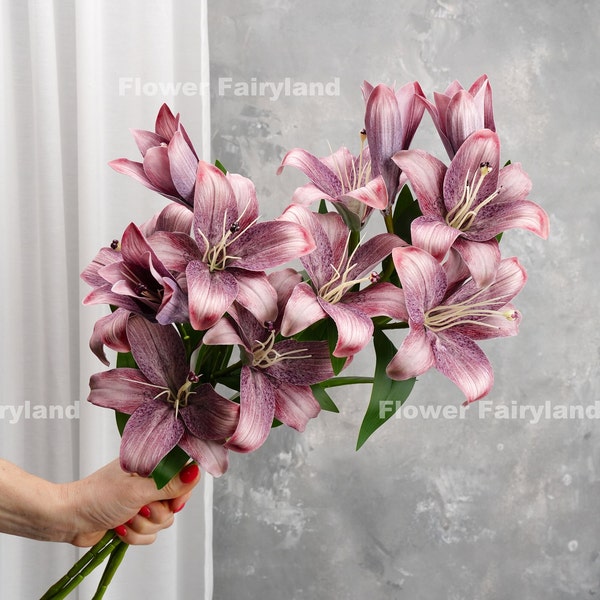 Lily Bouquet | 3 Heads Lily Stem | High Quality Artificial Flower | DIY | Floral | Wedding | Home Decors | Gifts - Brownish Lavender