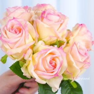 7 Stems Real Touch Rose Bouquet - Artificial Flower - Light Yellow & Pink