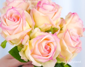 7 Stems Real Touch Latex Rose Bouquet | High Quality Artificial Flower | DIY | Wedding/Home Decoration | Gifts - Light Yellow & Pink