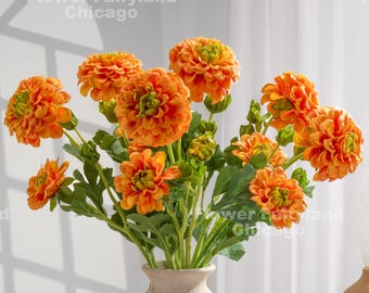 Faux Dahlia Flower with Buds - Artificial Flower - Orange