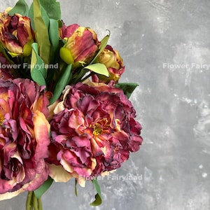 Peonia enorme dall'aspetto essiccato con gambo a bocciolo / Fiore artificiale di alta qualità / Centrotavola / Fai da te / Decorazione per matrimoni/casa / Regali - Borgogna